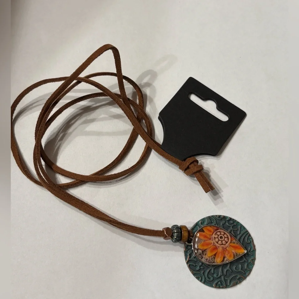 Boho Sunflower Pendant Necklace - Tan Cord, Turquoise & Orange Medallion. NWT - Picture 8 of 8